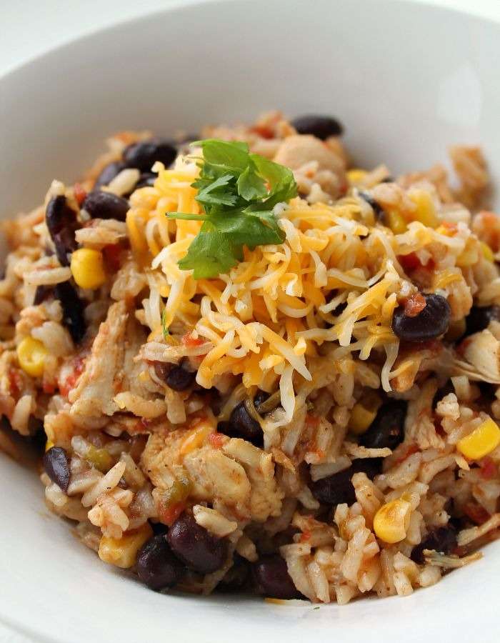 Kids shredded chicken taco rice and beans